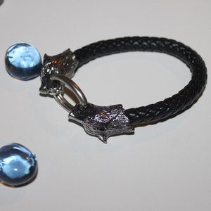 Wolf Head Bracelet, Silver with Black rope